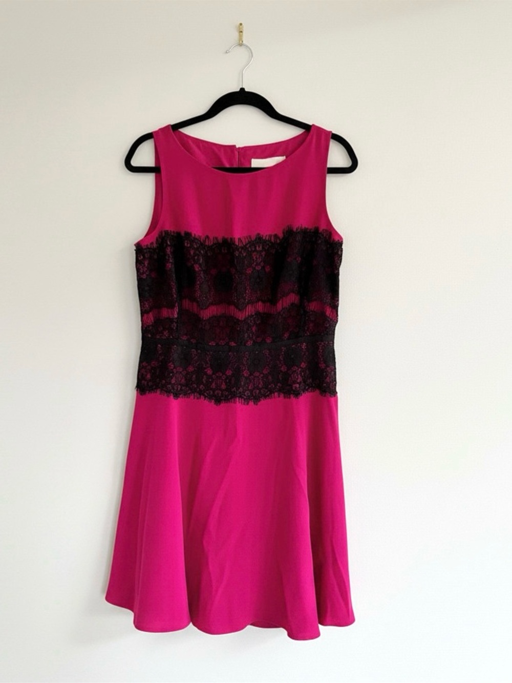 LOFT Fit and Flare Cocktail Dress Hot Pink with Black Lace